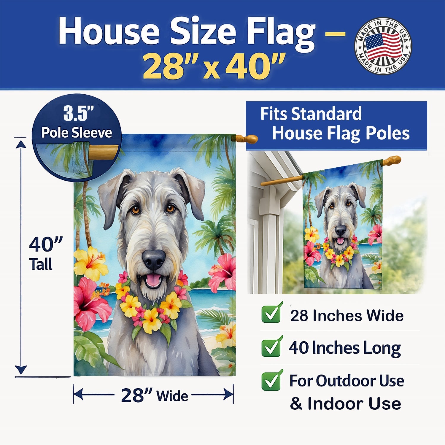 Irish Wolfhound Luau House Flag 28x40 Porch Sleeve Pole Decorative Outside Yard Banner Artwork Wall Hanging, Polyester