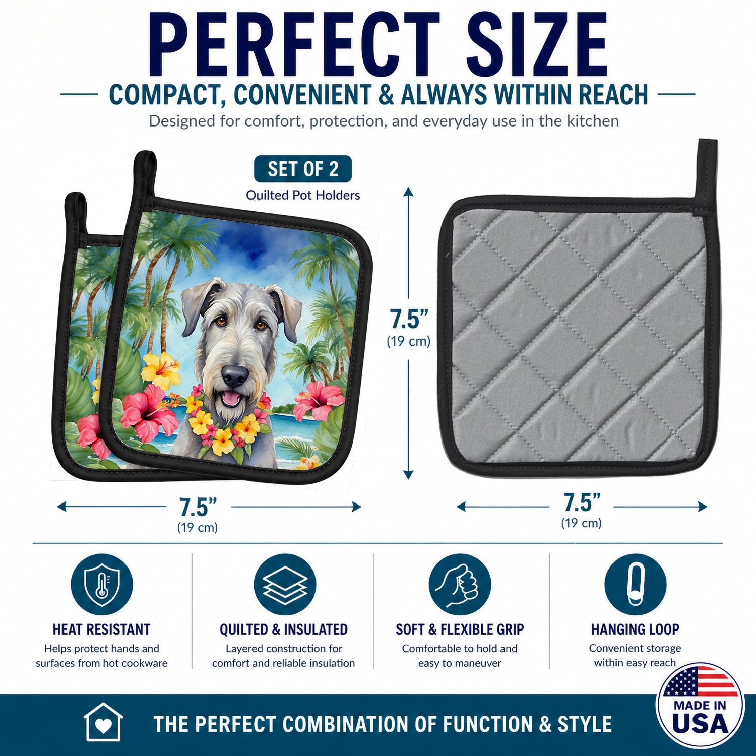 Irish Wolfhound Luau Pot Holder Set of 2 Heat Resistant Quilted Hot Pads 7.5 x 7.5 Inch, Insulated Kitchen Trivets for Cooking & Baking