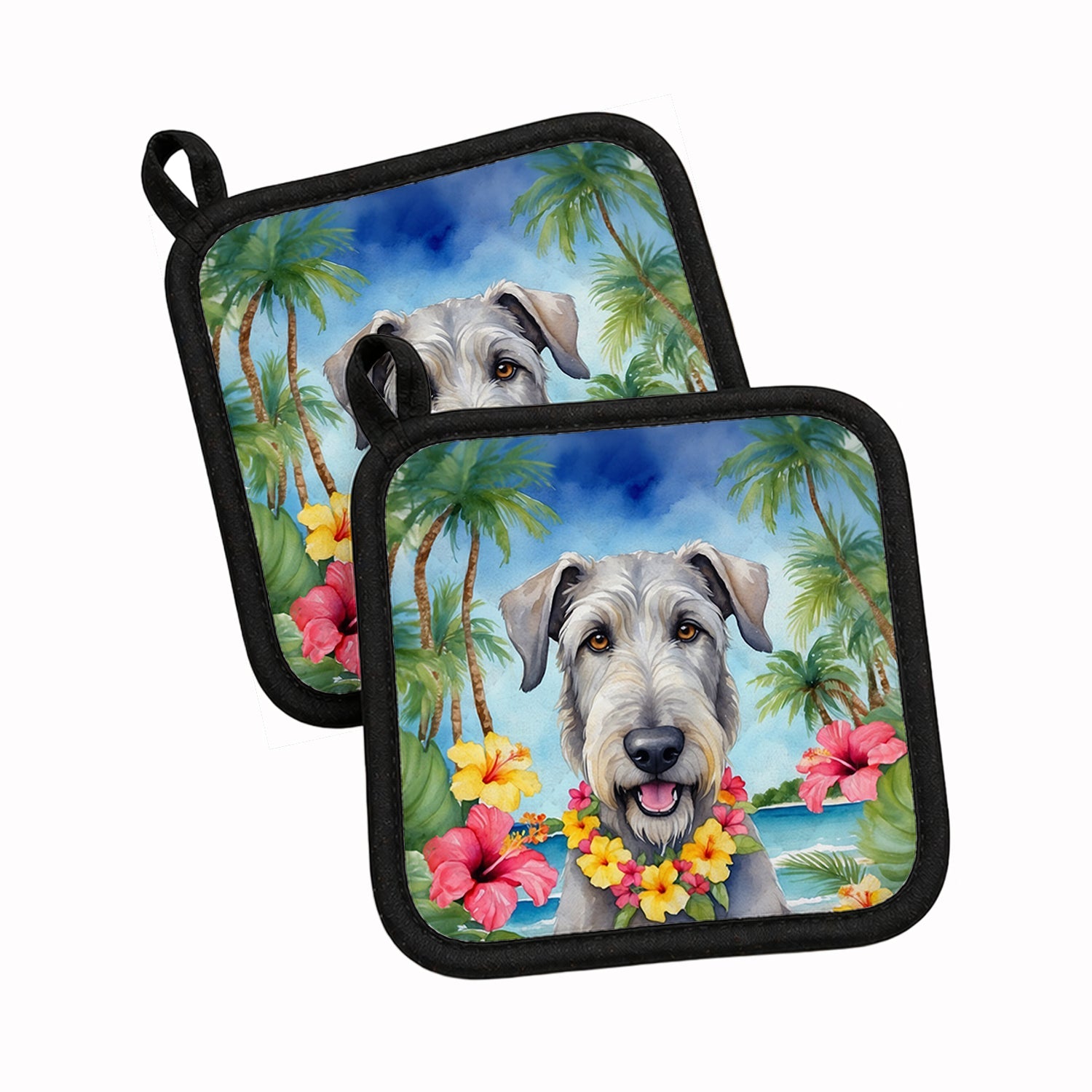 Irish Wolfhound Luau Pot Holder Set of 2 Heat Resistant Quilted Hot Pads 7.5 x 7.5 Inch, Insulated Kitchen Trivets for Cooking & Baking