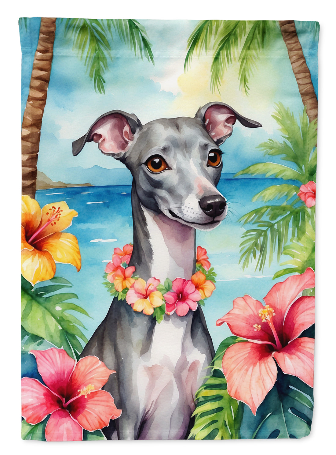 Italian Greyhound Luau House Flag 28x40 Porch Sleeve Pole Decorative Outside Yard Banner Artwork Wall Hanging, Polyester
