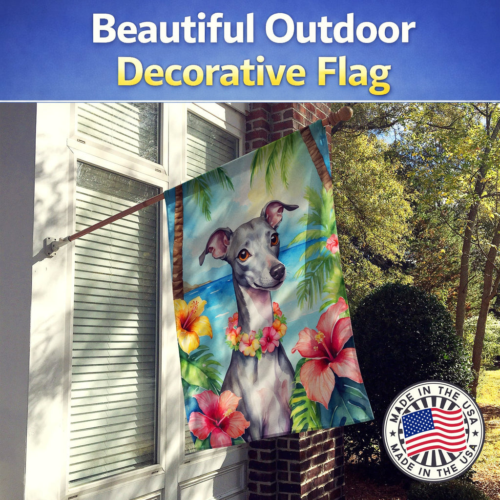 Italian Greyhound Luau House Flag 28x40 Porch Sleeve Pole Decorative Outside Yard Banner Artwork Wall Hanging, Polyester
