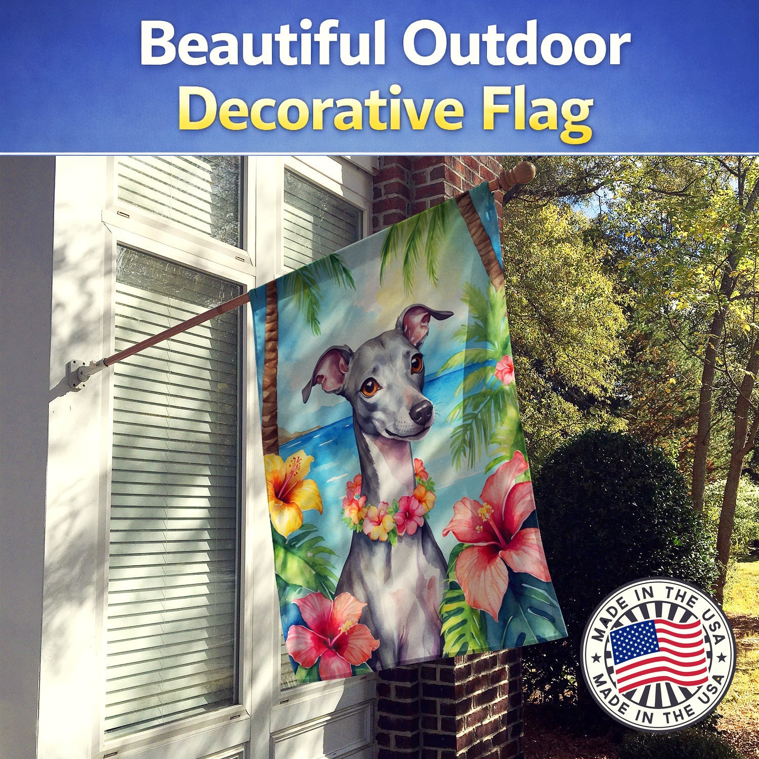 Italian Greyhound Luau House Flag 28x40 Porch Sleeve Pole Decorative Outside Yard Banner Artwork Wall Hanging, Polyester