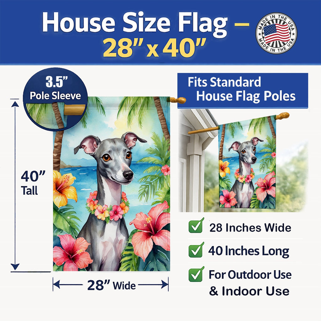 Italian Greyhound Luau House Flag 28x40 Porch Sleeve Pole Decorative Outside Yard Banner Artwork Wall Hanging, Polyester