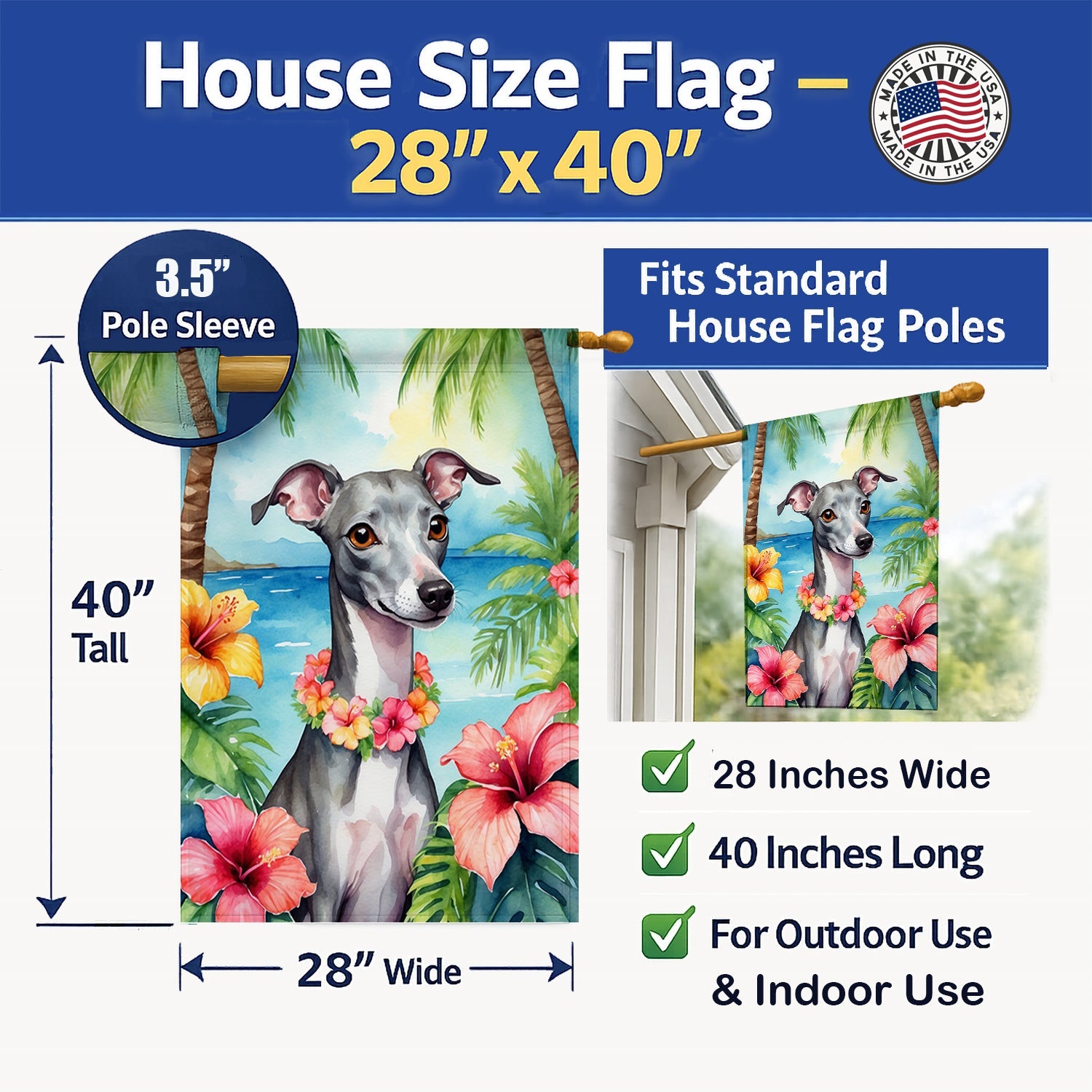 Italian Greyhound Luau House Flag 28x40 Porch Sleeve Pole Decorative Outside Yard Banner Artwork Wall Hanging, Polyester