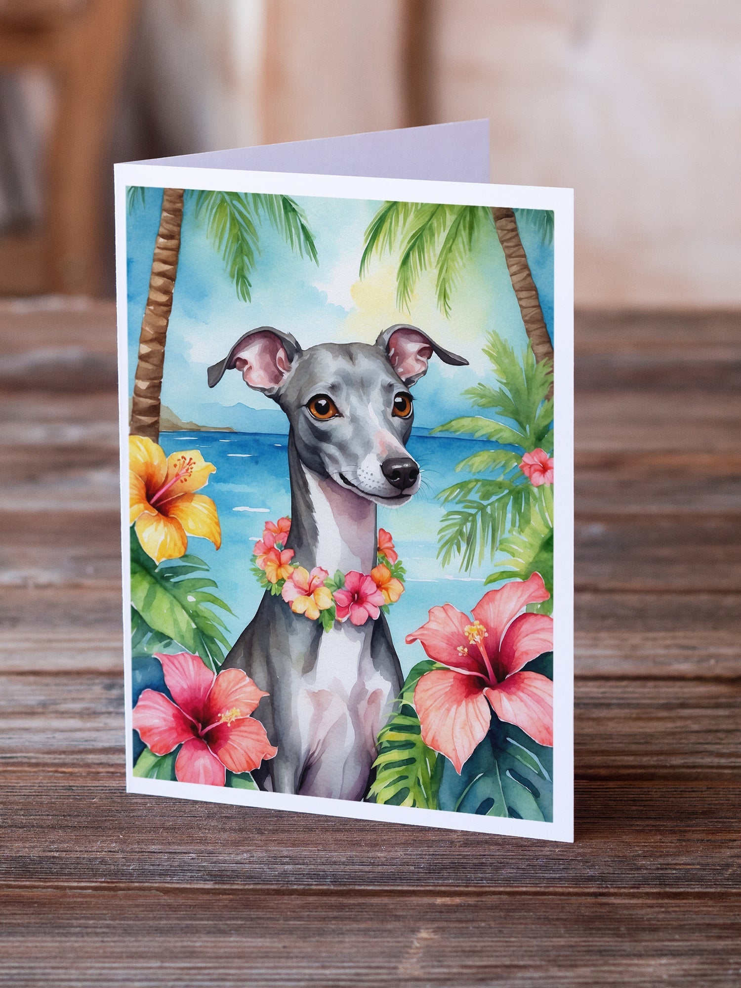 Italian Greyhound Luau Greeting Cards Pack of 8 Blank Cards with Envelopes Whimsical A7 Size 5x7