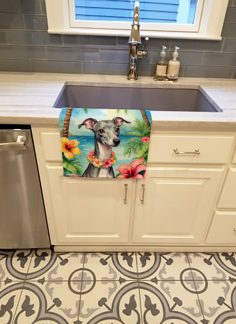 Italian Greyhound Luau Kitchen Towel Velour Plush Front and Cotton Loop Back Machine Washable