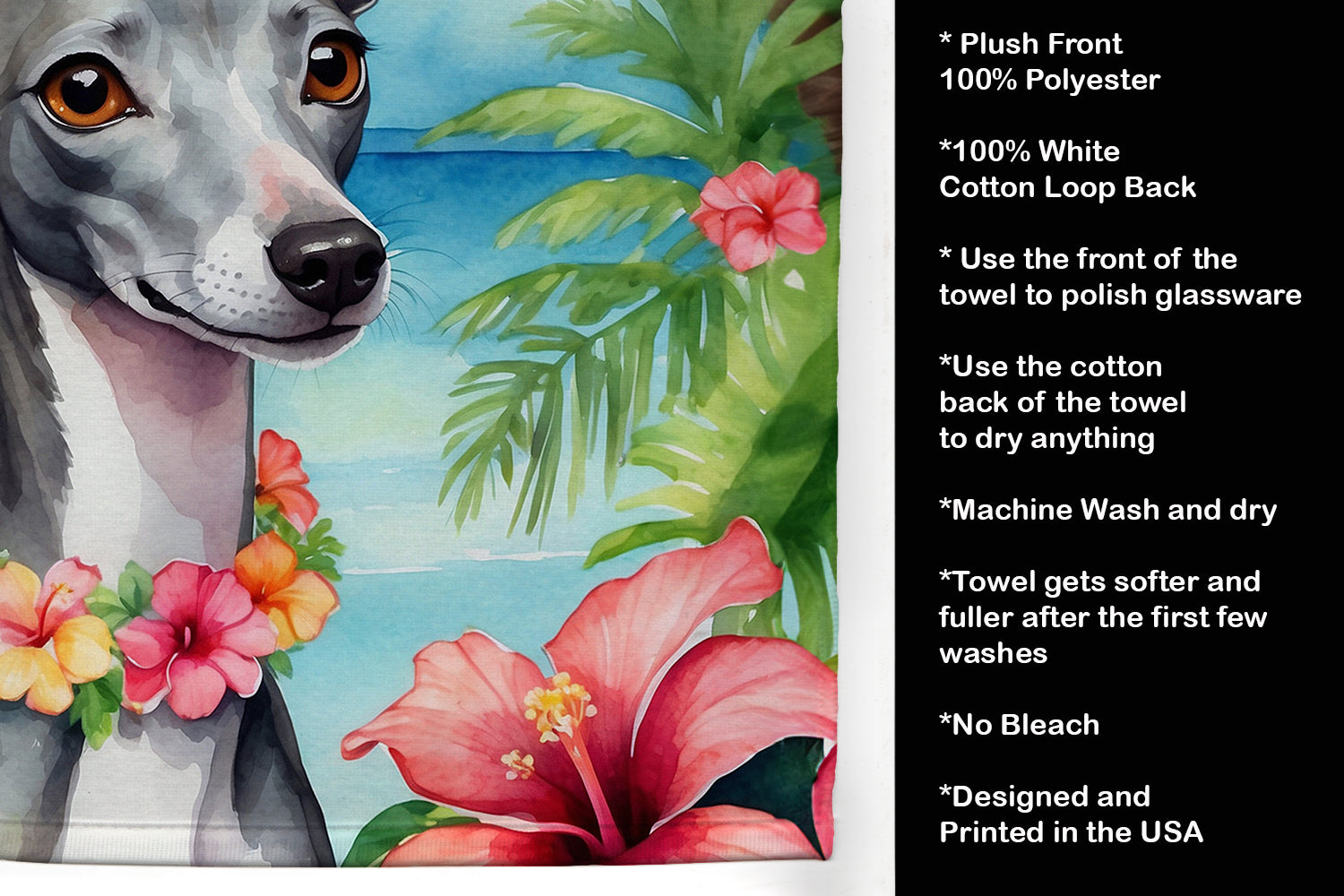 Italian Greyhound Luau Kitchen Towel Velour Plush Front and Cotton Loop Back Machine Washable