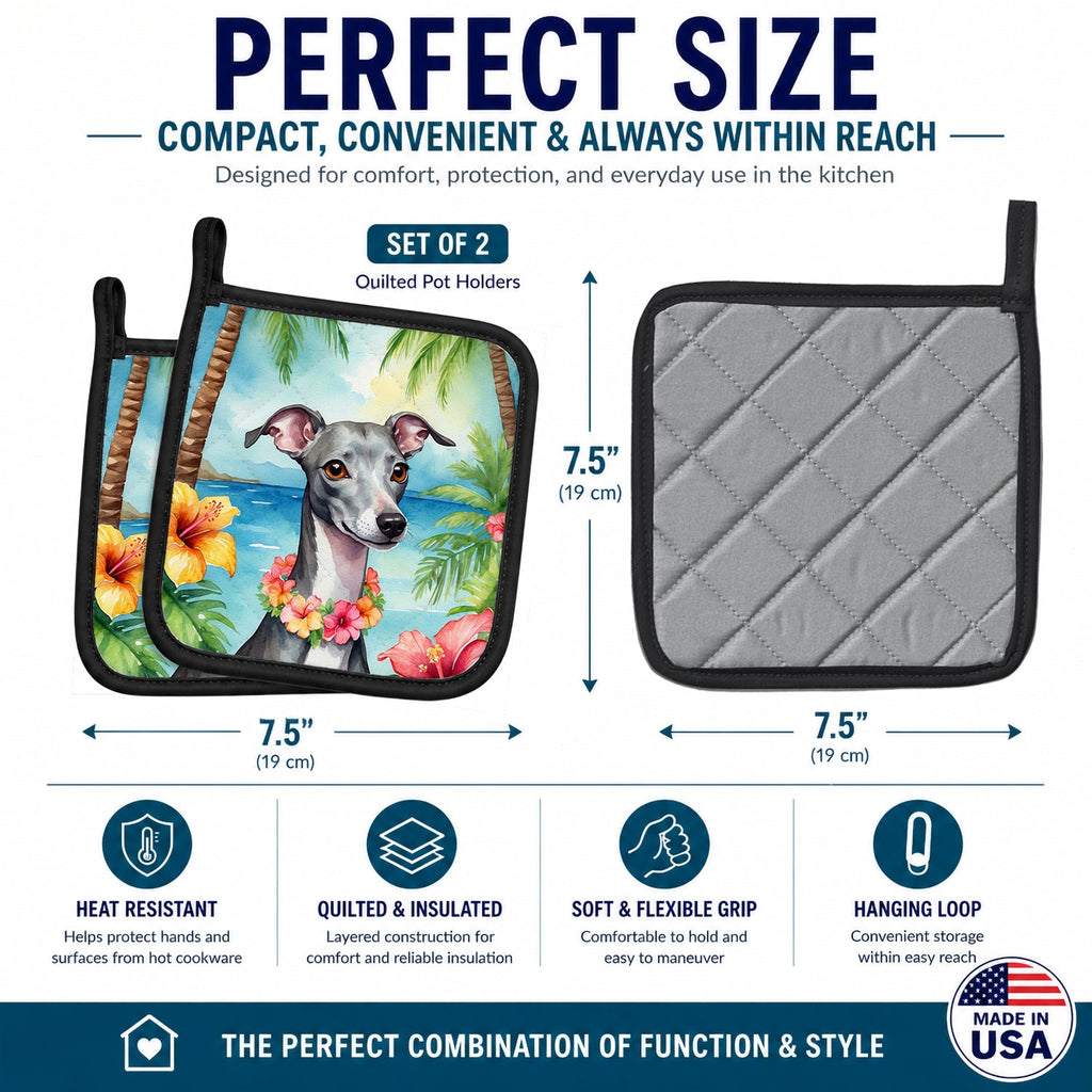 Italian Greyhound Luau Pot Holder Set of 2 Heat Resistant Quilted Hot Pads 7.5 x 7.5 Inch, Insulated Kitchen Trivets for Cooking & Baking