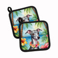 Italian Greyhound Luau Pot Holder Set of 2 Heat Resistant Quilted Hot Pads 7.5 x 7.5 Inch, Insulated Kitchen Trivets for Cooking & Baking