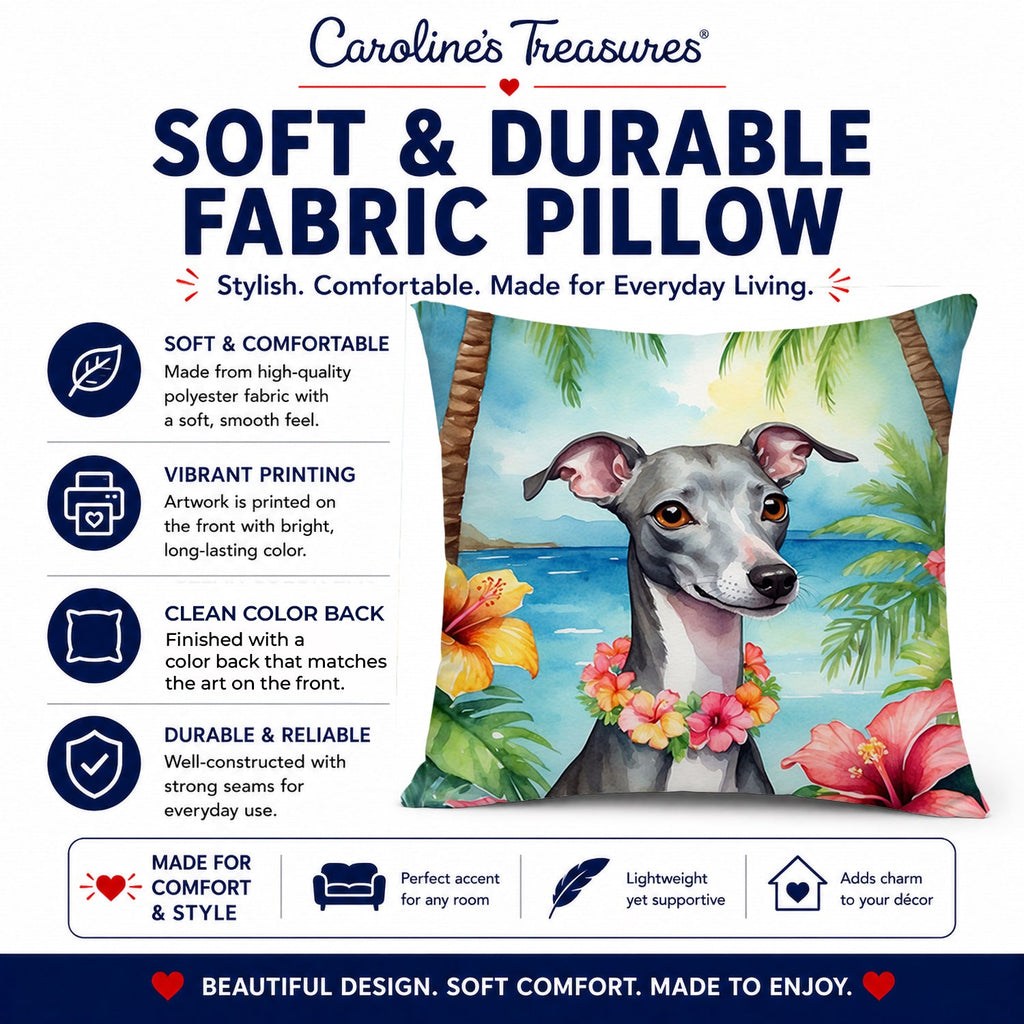 Italian Greyhound Luau Decorative Throw Pillow 14x14 Indoor Outdoor Accent Cushion, Fabric Cover with Insert for Sofa, Bed, Porch & Living Room