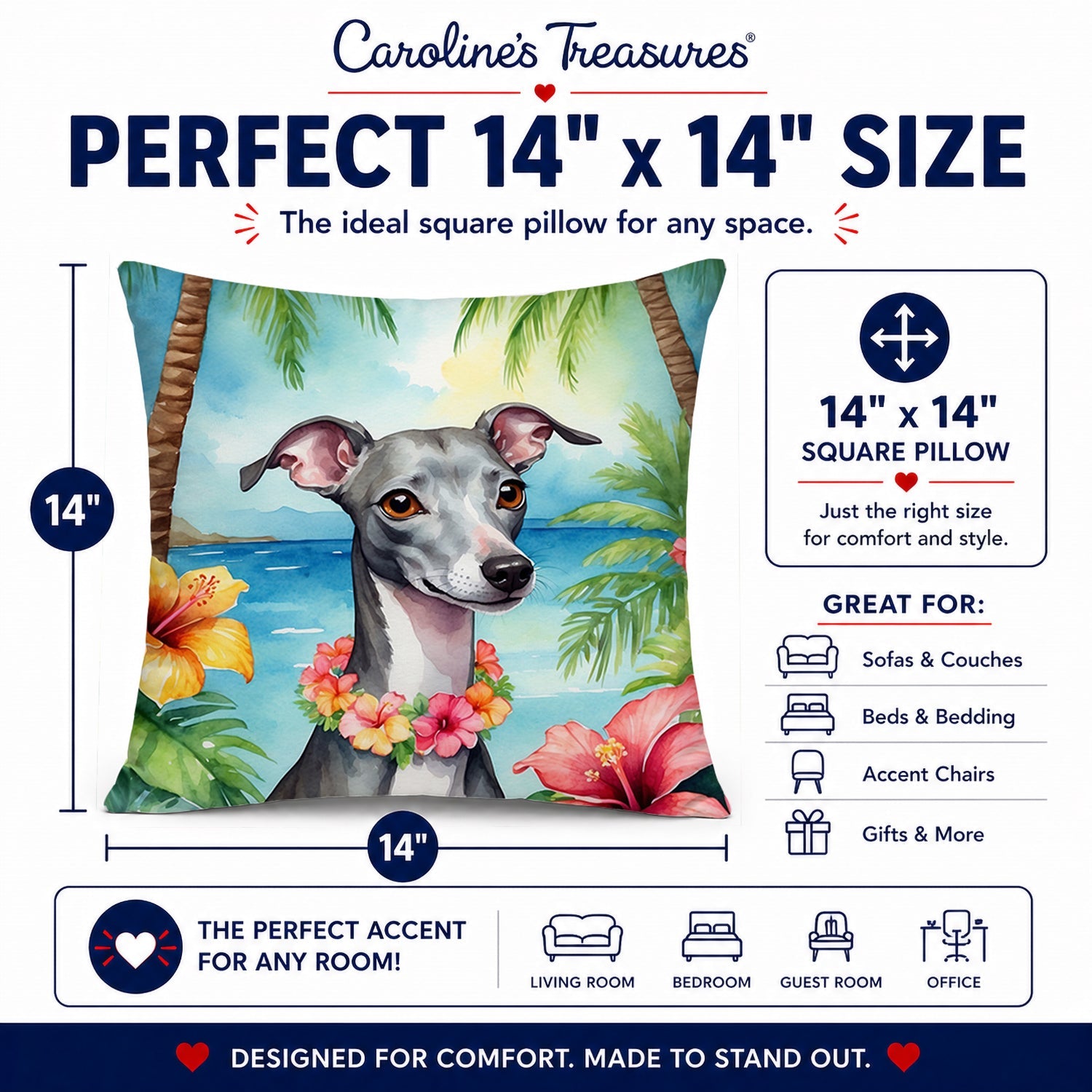 Italian Greyhound Luau Decorative Throw Pillow 14x14 Indoor Outdoor Accent Cushion, Fabric Cover with Insert for Sofa, Bed, Porch & Living Room