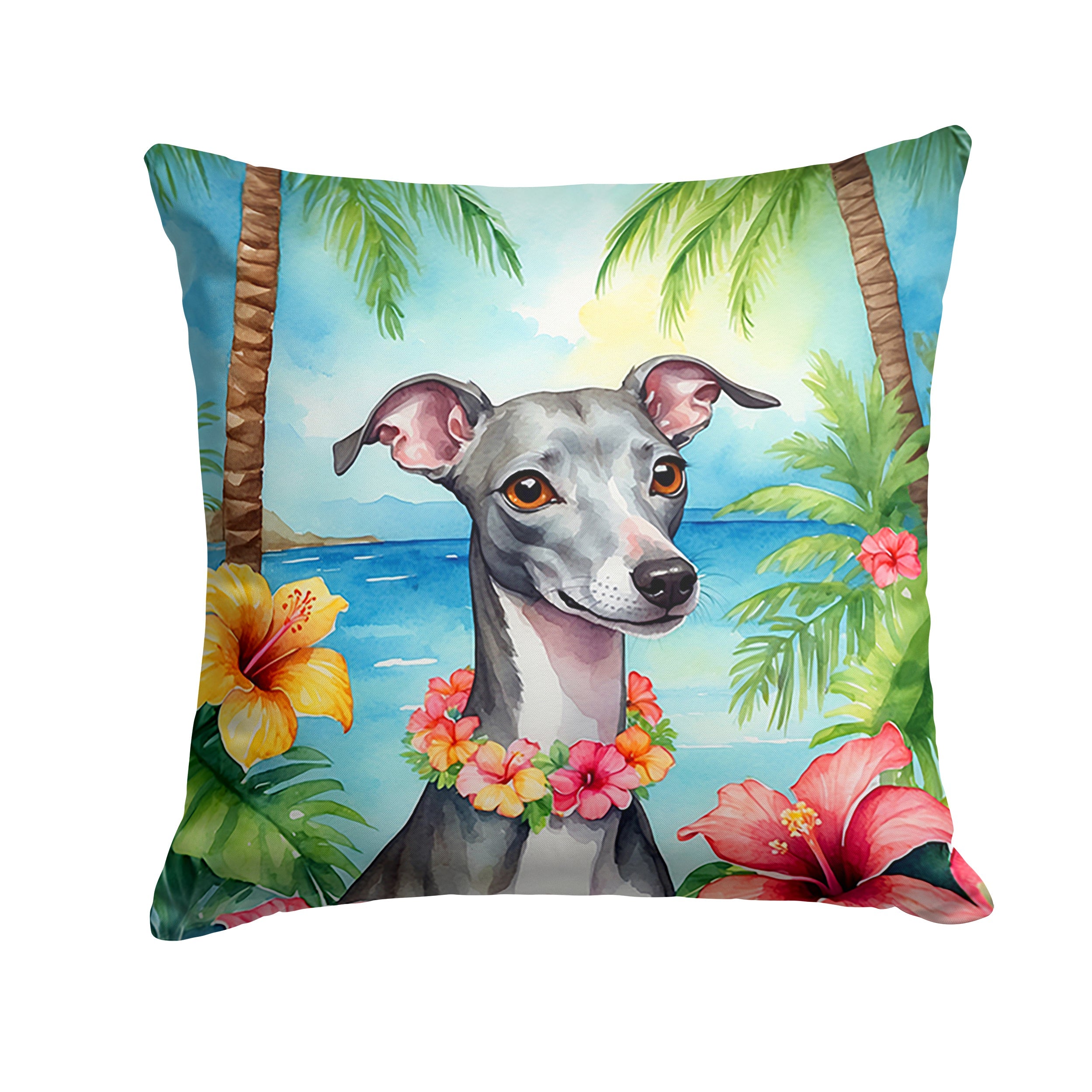 Italian Greyhound Luau Decorative Throw Pillow 18x18 Indoor Outdoor Accent Cushion, Fabric Cover with Insert for Sofa, Bed, Porch & Living Room