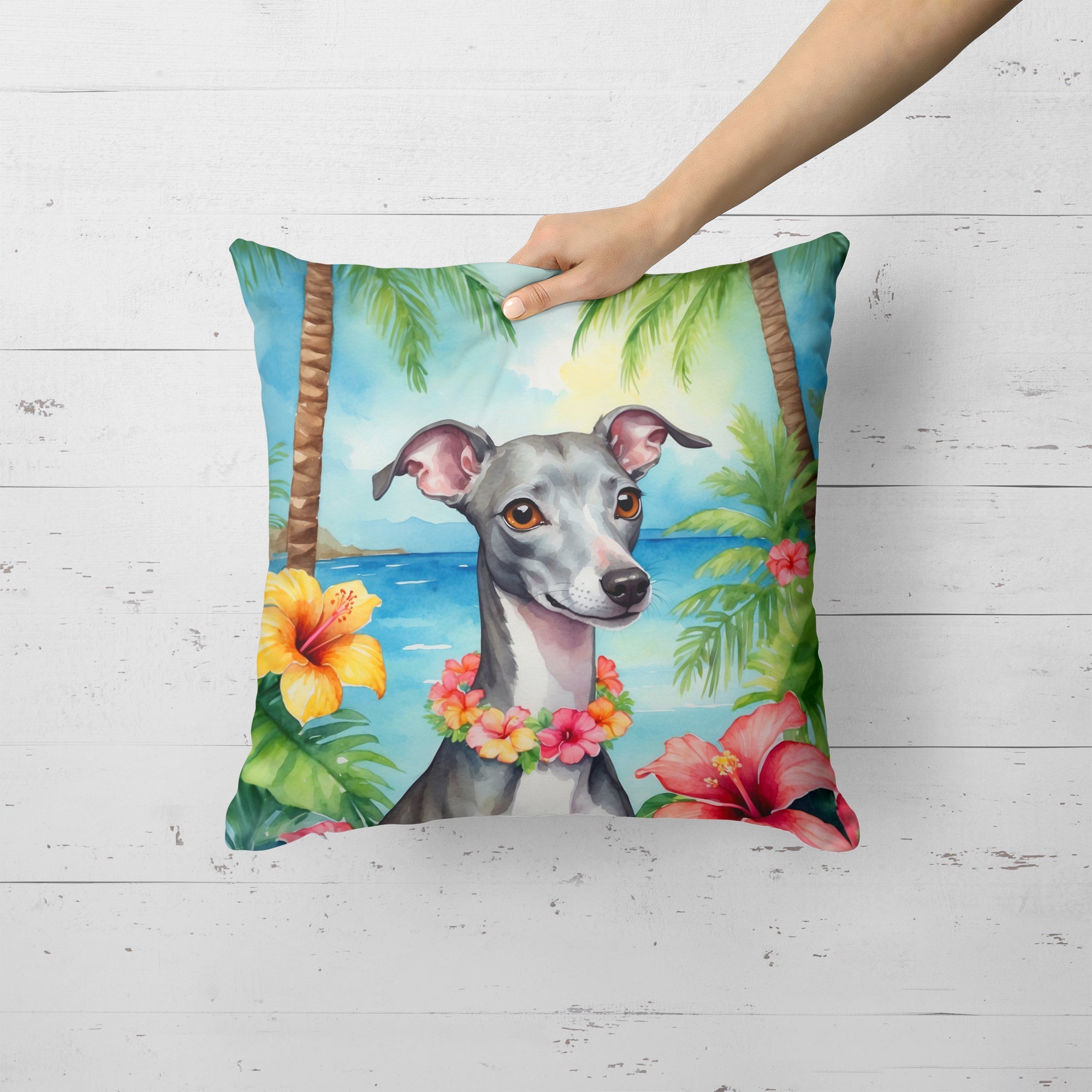 Italian Greyhound Luau Decorative Throw Pillow 18x18 Indoor Outdoor Accent Cushion, Fabric Cover with Insert for Sofa, Bed, Porch & Living Room