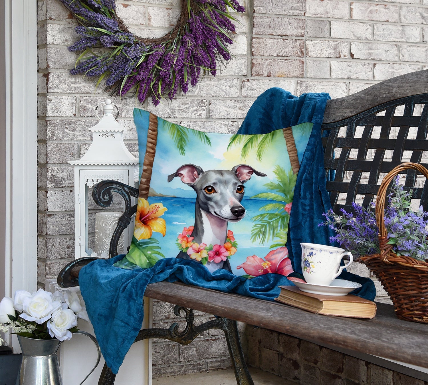 Italian Greyhound Luau Decorative Throw Pillow 18x18 Indoor Outdoor Accent Cushion, Fabric Cover with Insert for Sofa, Bed, Porch & Living Room