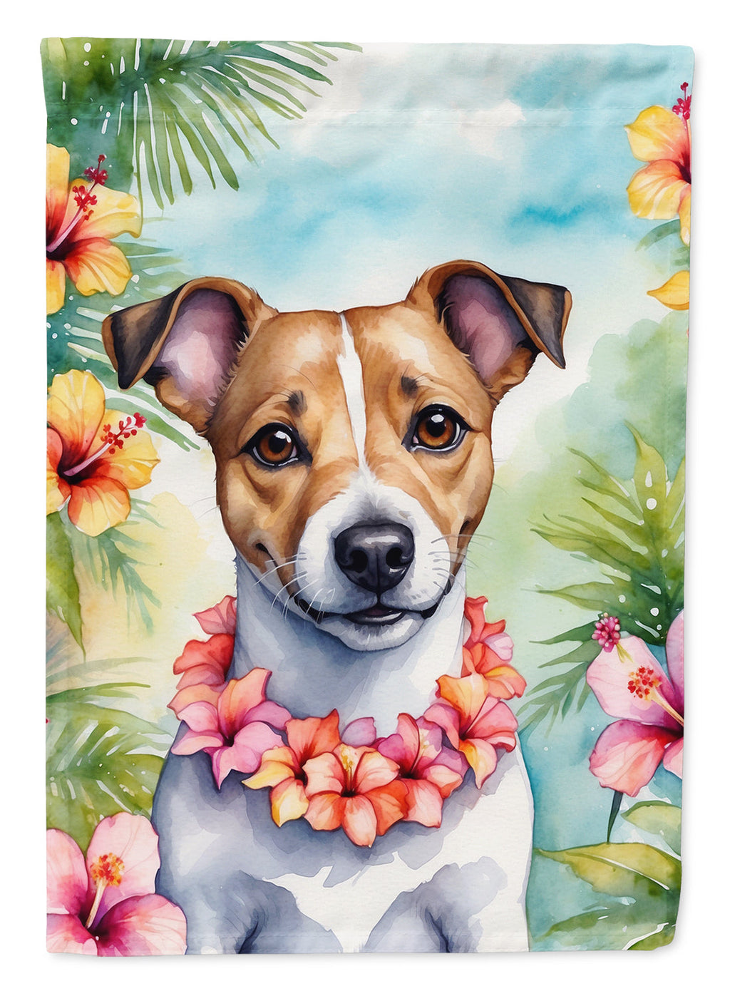 Jack Russell Terrier Luau House Flag 28x40 Porch Sleeve Pole Decorative Outside Yard Banner Artwork Wall Hanging, Polyester