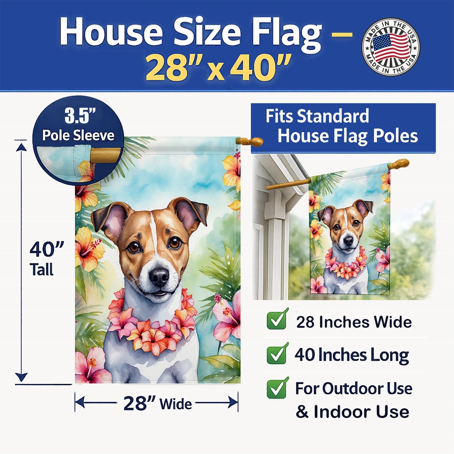 Jack Russell Terrier Luau House Flag 28x40 Porch Sleeve Pole Decorative Outside Yard Banner Artwork Wall Hanging, Polyester