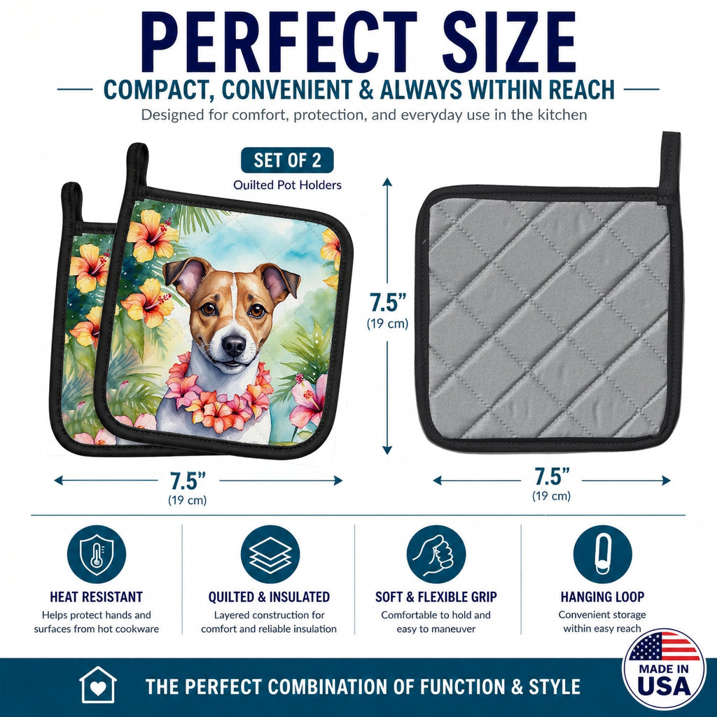 Jack Russell Terrier Luau Pot Holder Set of 2 Heat Resistant Quilted Hot Pads 7.5 x 7.5 Inch, Insulated Kitchen Trivets for Cooking & Baking