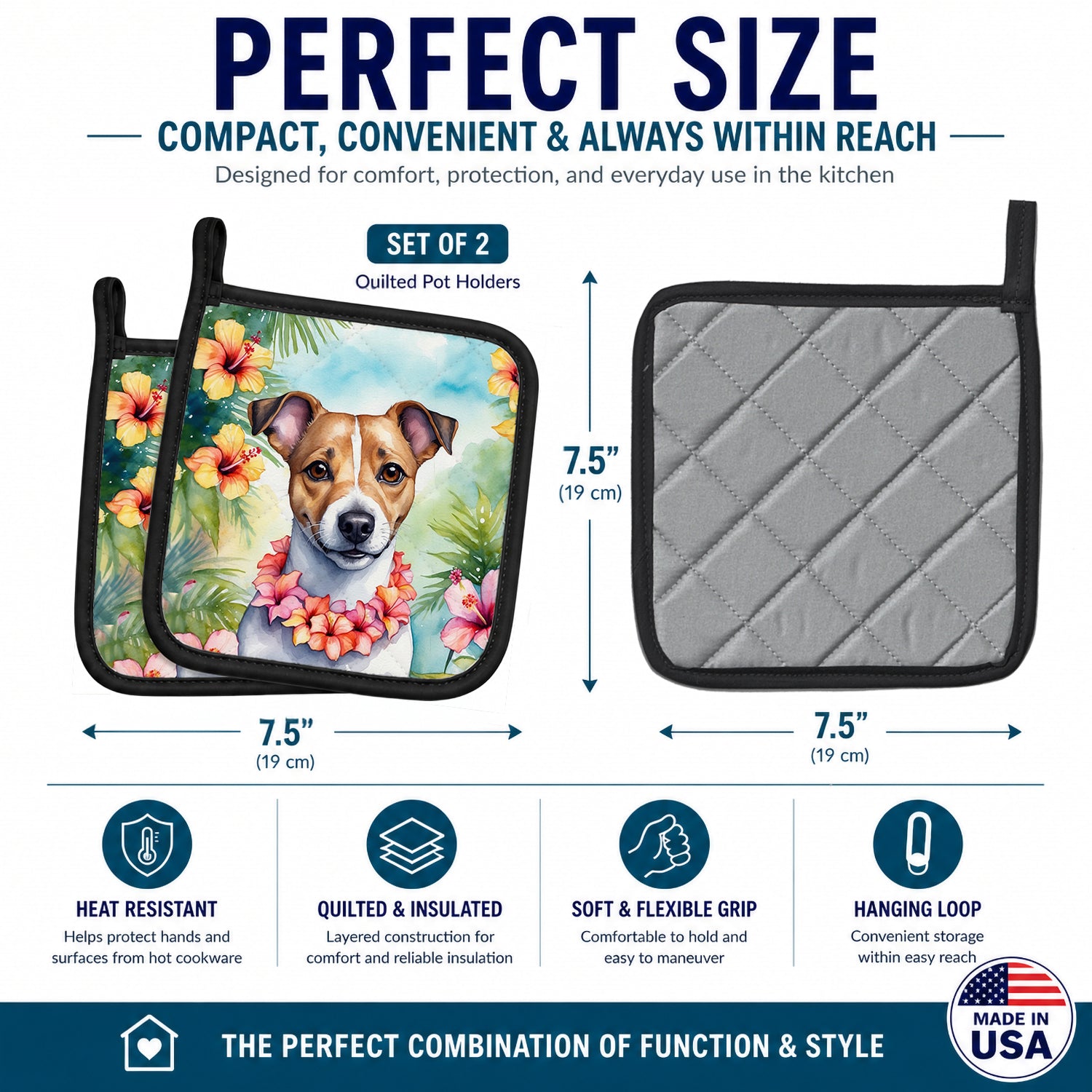 Jack Russell Terrier Luau Pot Holder Set of 2 Heat Resistant Quilted Hot Pads 7.5 x 7.5 Inch, Insulated Kitchen Trivets for Cooking & Baking