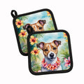 Jack Russell Terrier Luau Pot Holder Set of 2 Heat Resistant Quilted Hot Pads 7.5 x 7.5 Inch, Insulated Kitchen Trivets for Cooking & Baking