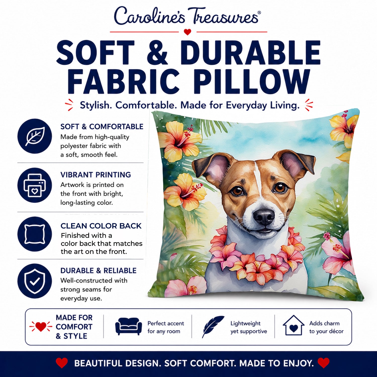 Jack Russell Terrier Luau Decorative Throw Pillow 14x14 Indoor Outdoor Accent Cushion, Fabric Cover with Insert for Sofa, Bed, Porch & Living Room