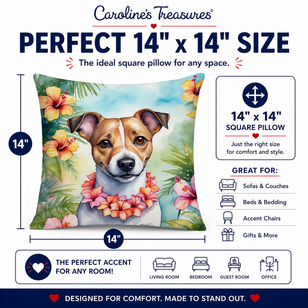 Jack Russell Terrier Luau Decorative Throw Pillow 14x14 Indoor Outdoor Accent Cushion, Fabric Cover with Insert for Sofa, Bed, Porch & Living Room