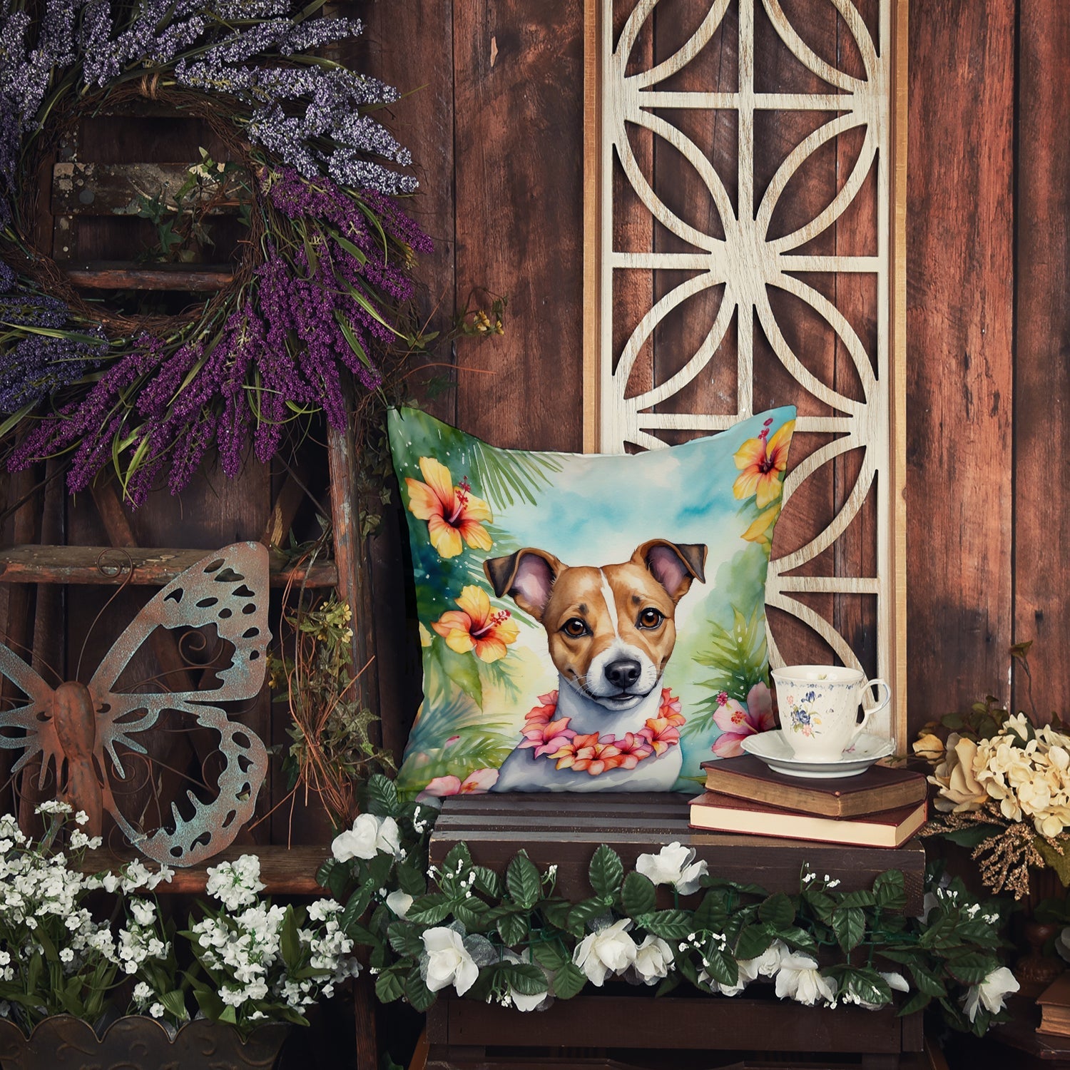 Jack Russell Terrier Luau Decorative Throw Pillow 18x18 Indoor Outdoor Accent Cushion, Fabric Cover with Insert for Sofa, Bed, Porch & Living Room