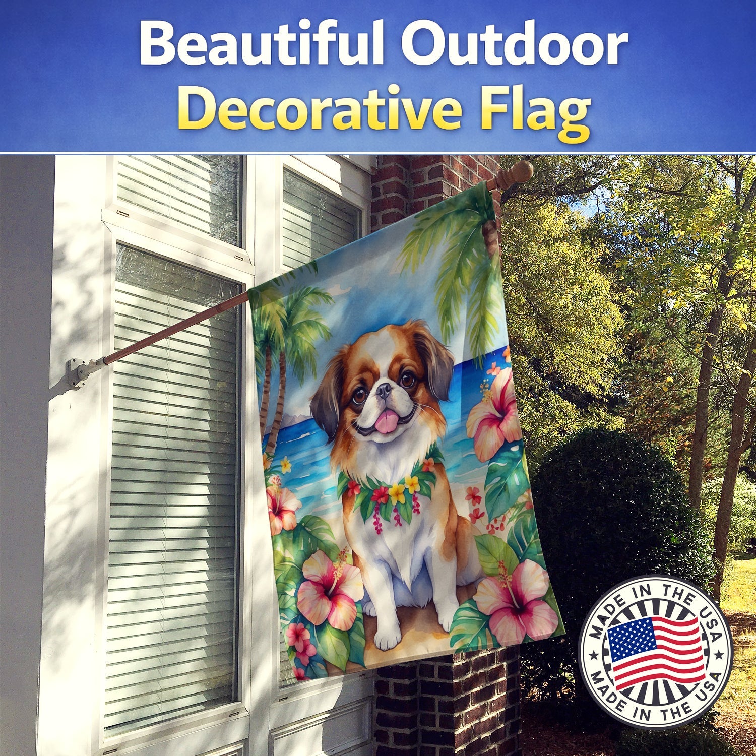 Japanese Chin Luau House Flag 28x40 Porch Sleeve Pole Decorative Outside Yard Banner Artwork Wall Hanging, Polyester