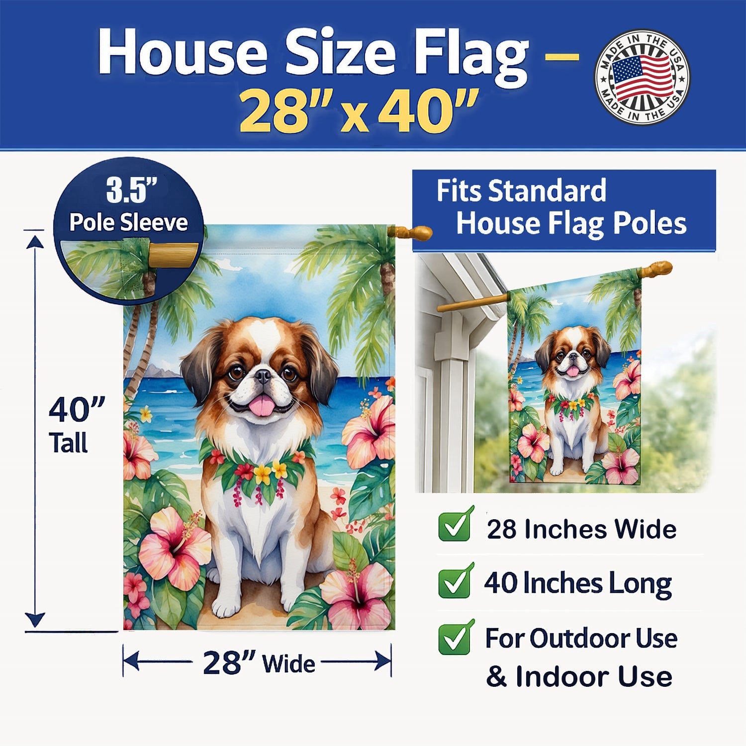 Japanese Chin Luau House Flag 28x40 Porch Sleeve Pole Decorative Outside Yard Banner Artwork Wall Hanging, Polyester