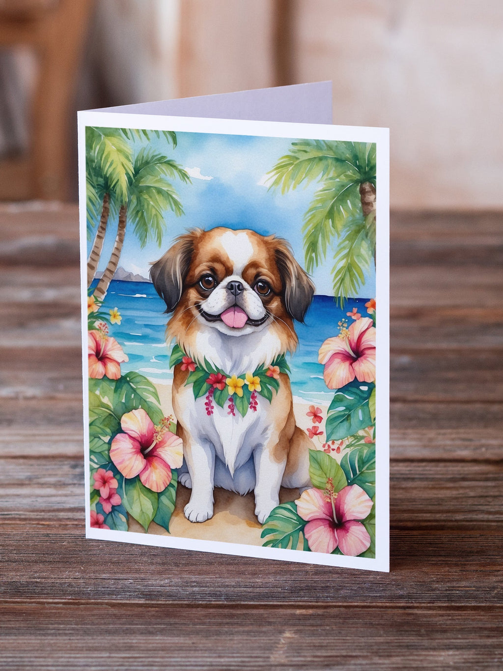 Japanese Chin Luau Greeting Cards Pack of 8 Blank Cards with Envelopes Whimsical A7 Size 5x7