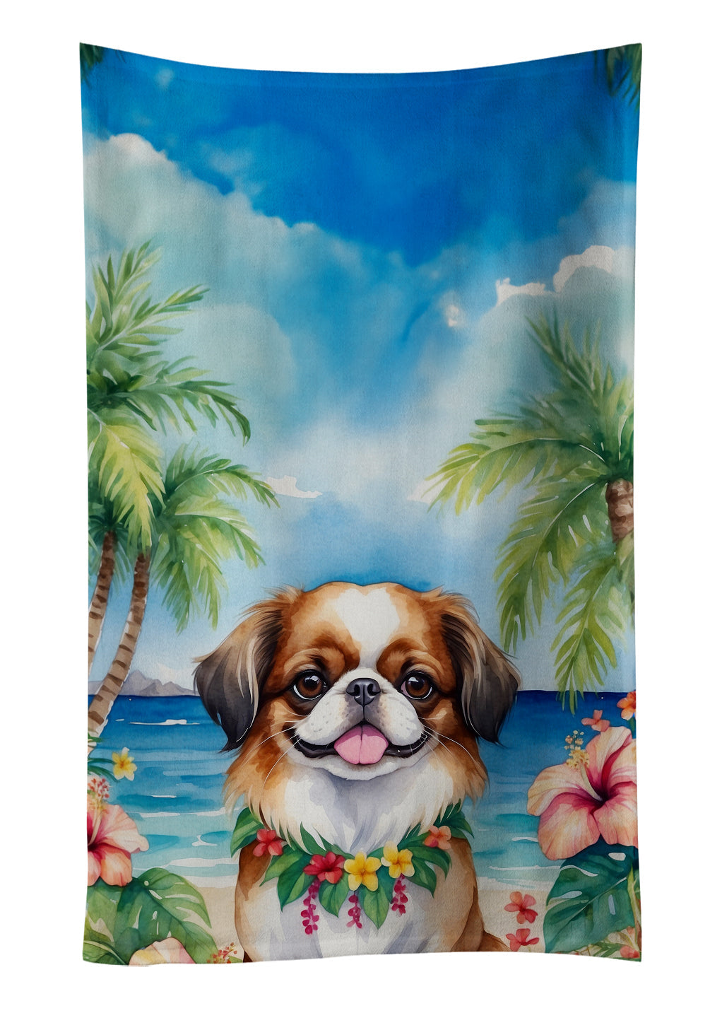 Japanese Chin Luau Kitchen Towel Velour Plush Front and Cotton Loop Back Machine Washable
