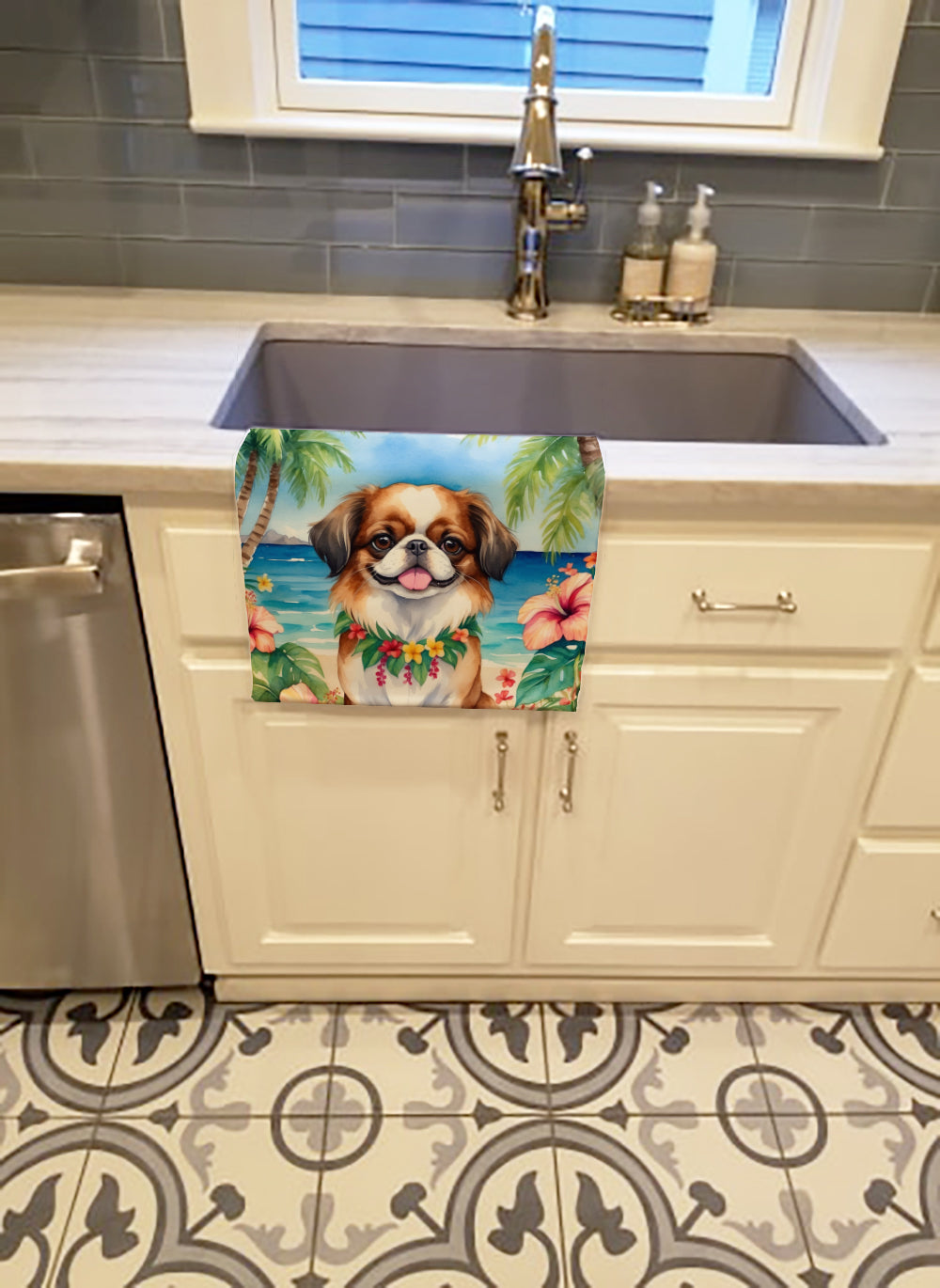 Japanese Chin Luau Kitchen Towel Velour Plush Front and Cotton Loop Back Machine Washable