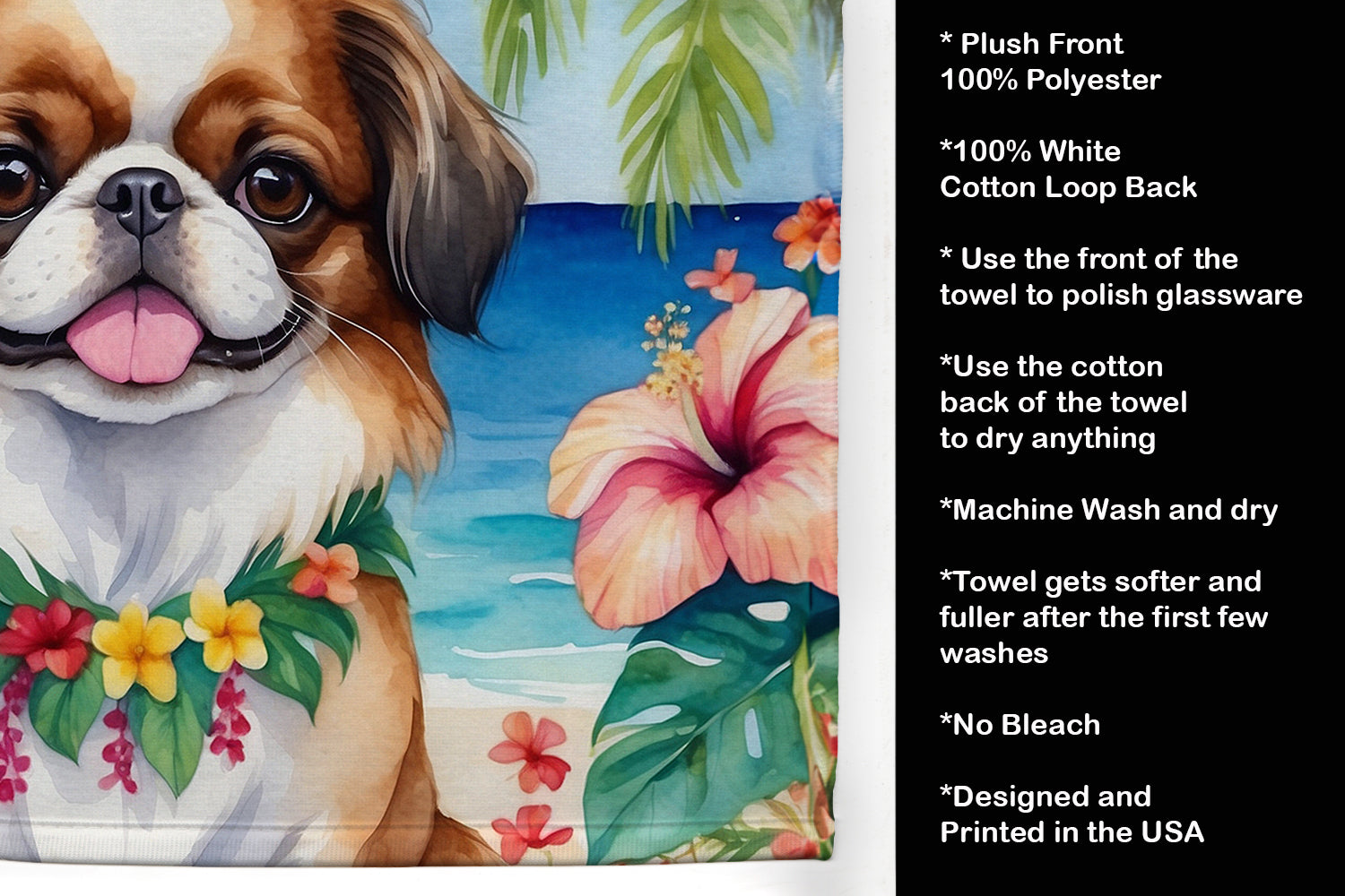 Japanese Chin Luau Kitchen Towel Velour Plush Front and Cotton Loop Back Machine Washable