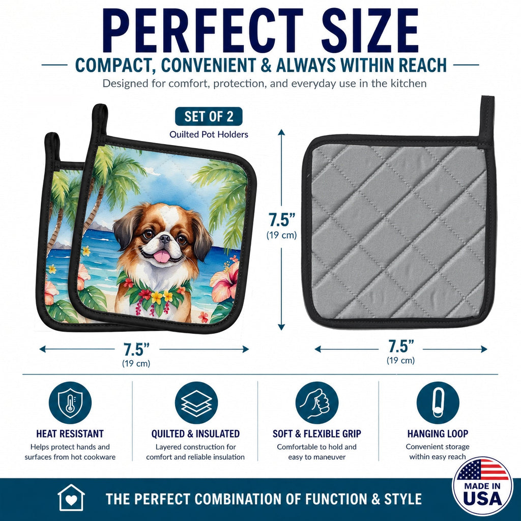 Japanese Chin Luau Pot Holder Set of 2 Heat Resistant Quilted Hot Pads 7.5 x 7.5 Inch, Insulated Kitchen Trivets for Cooking & Baking