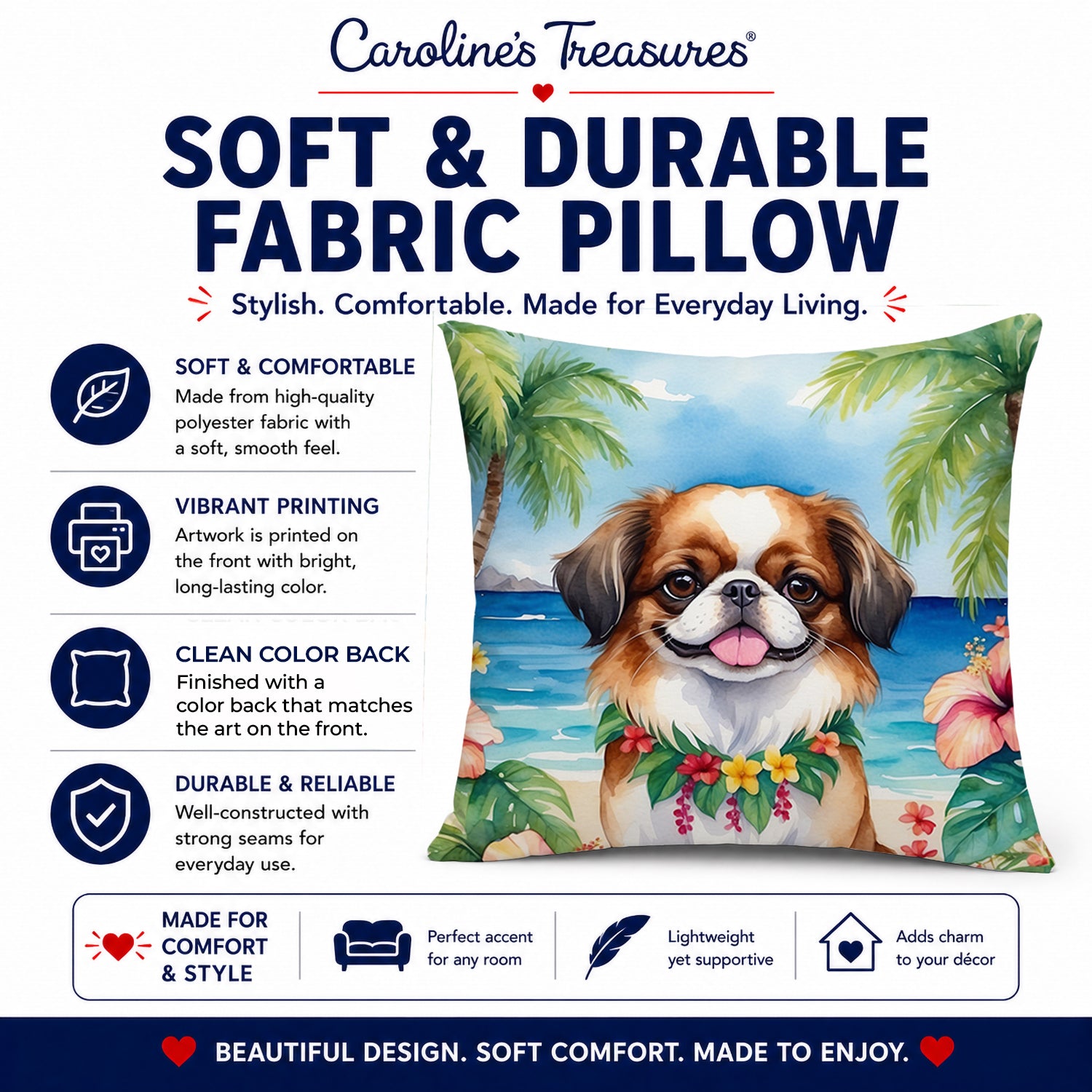 Japanese Chin Luau Decorative Throw Pillow 14x14 Indoor Outdoor Accent Cushion, Fabric Cover with Insert for Sofa, Bed, Porch & Living Room