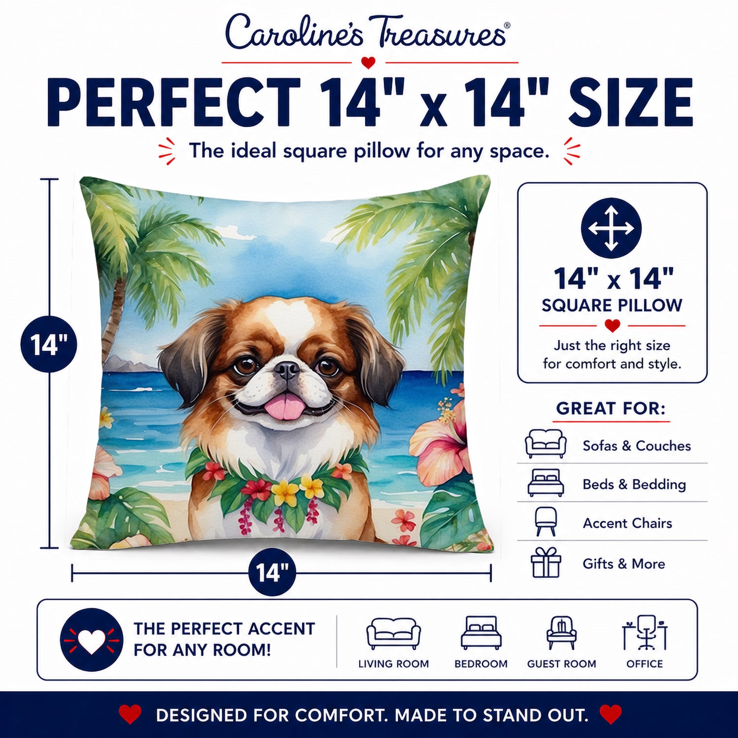 Japanese Chin Luau Decorative Throw Pillow 14x14 Indoor Outdoor Accent Cushion, Fabric Cover with Insert for Sofa, Bed, Porch & Living Room