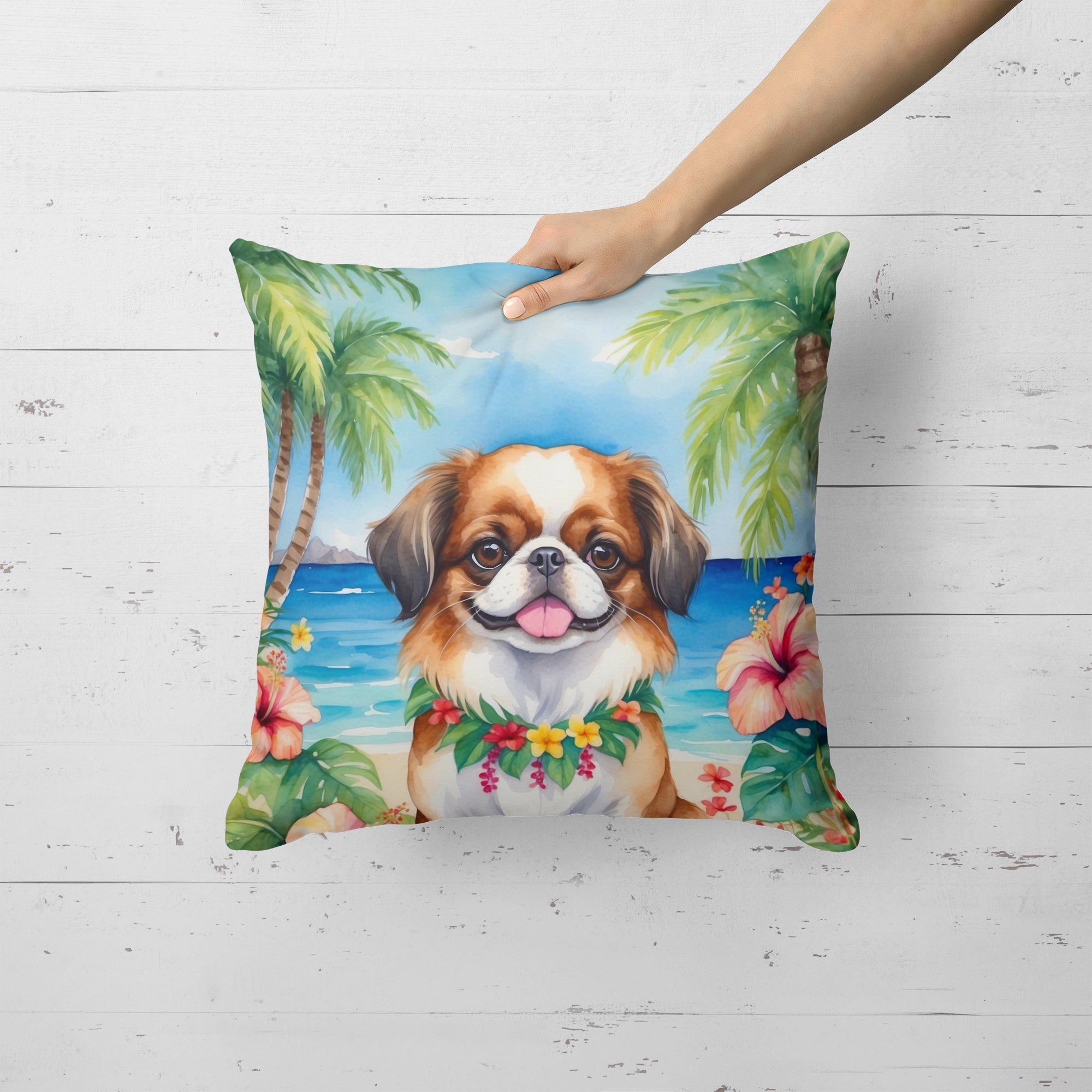 Japanese Chin Luau Decorative Throw Pillow 18x18 Indoor Outdoor Accent Cushion, Fabric Cover with Insert for Sofa, Bed, Porch & Living Room