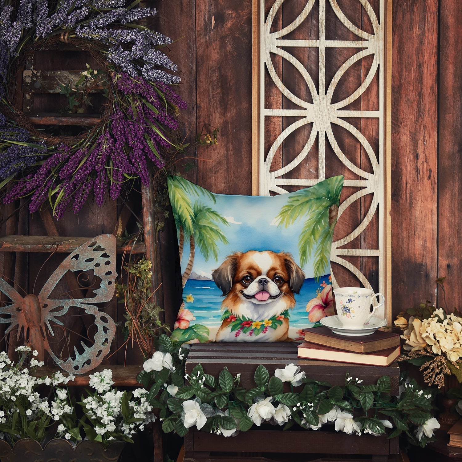Japanese Chin Luau Decorative Throw Pillow 18x18 Indoor Outdoor Accent Cushion, Fabric Cover with Insert for Sofa, Bed, Porch & Living Room