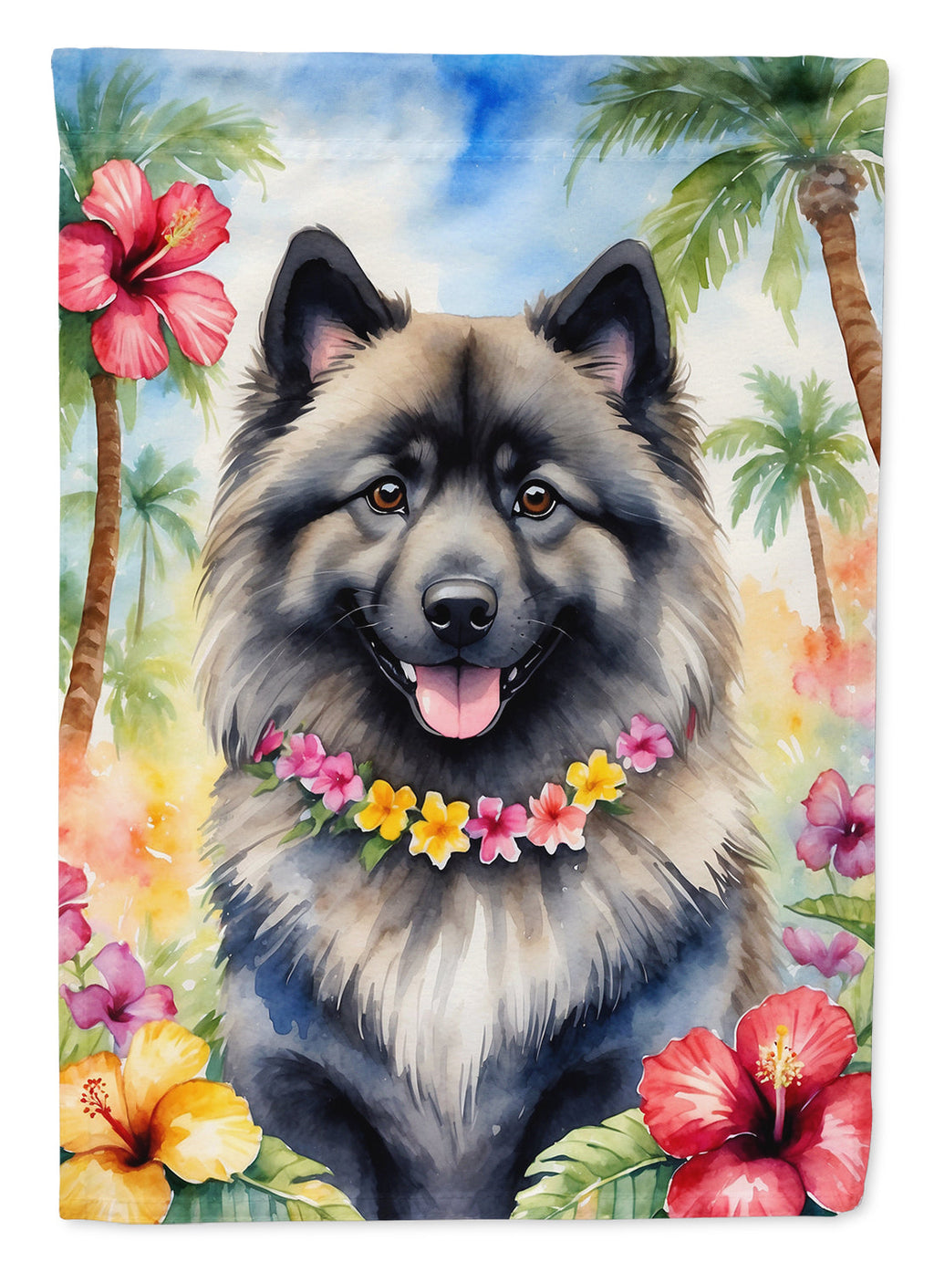 Keeshond Luau House Flag 28x40 Porch Sleeve Pole Decorative Outside Yard Banner Artwork Wall Hanging, Polyester