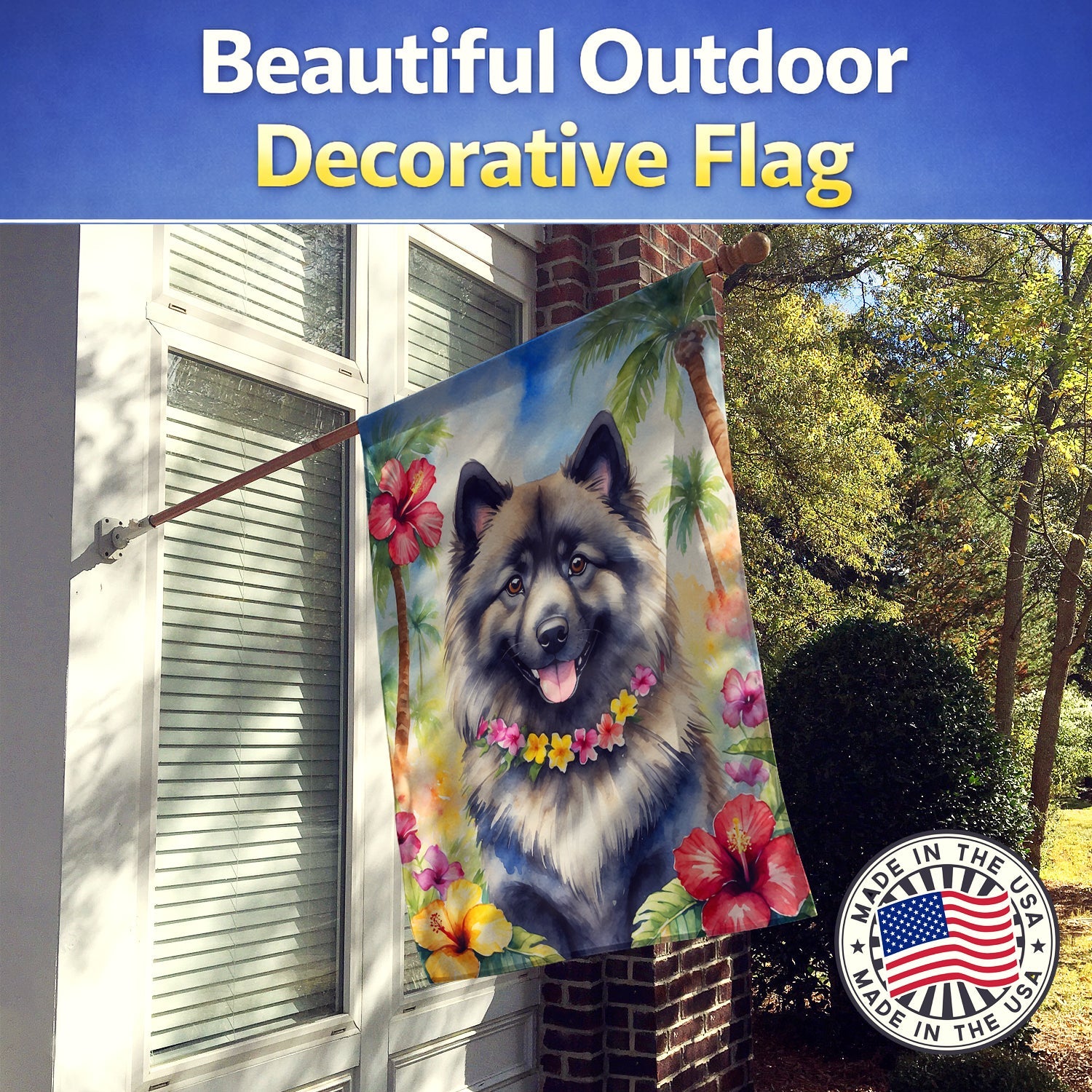 Keeshond Luau House Flag 28x40 Porch Sleeve Pole Decorative Outside Yard Banner Artwork Wall Hanging, Polyester