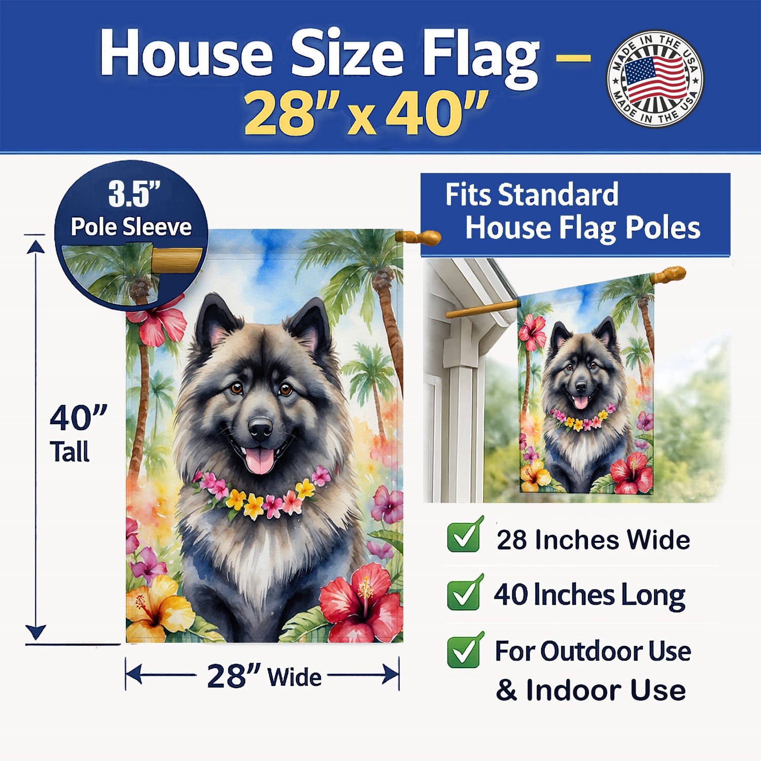 Keeshond Luau House Flag 28x40 Porch Sleeve Pole Decorative Outside Yard Banner Artwork Wall Hanging, Polyester