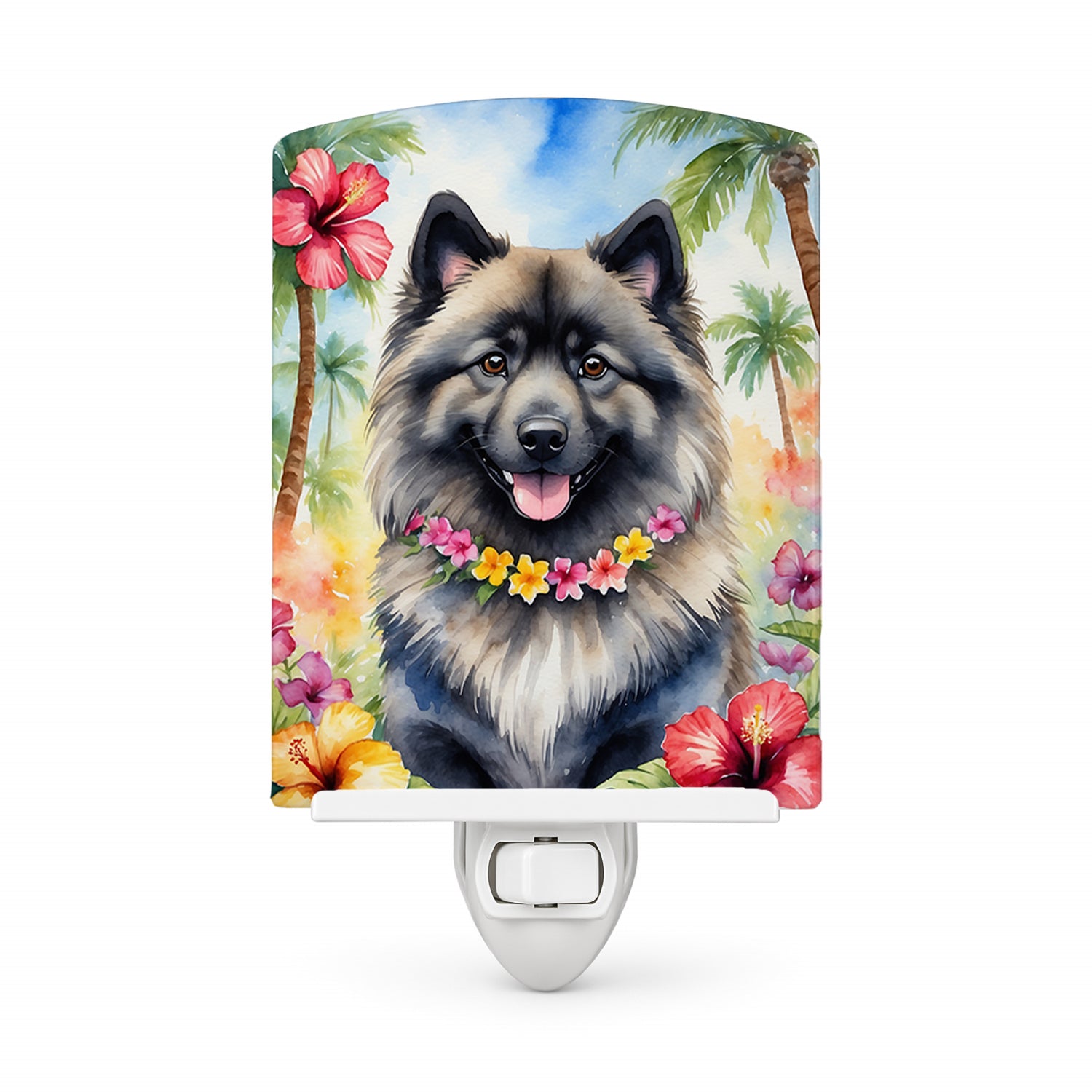 Keeshond Luau Ceramic Night Light Compact, UL-Certified, Ideal for Bedroom, Bathroom, Nursery, Hallway, Kitchen, 6x4x3, Multicolor