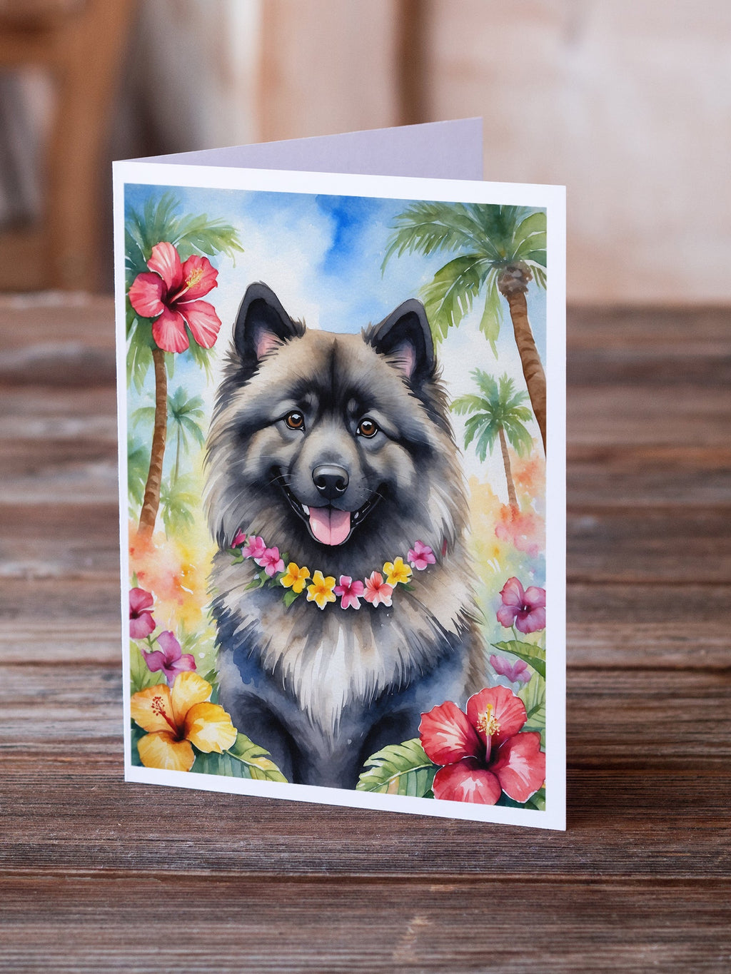 Keeshond Luau Greeting Cards Pack of 8 Blank Cards with Envelopes Whimsical A7 Size 5x7