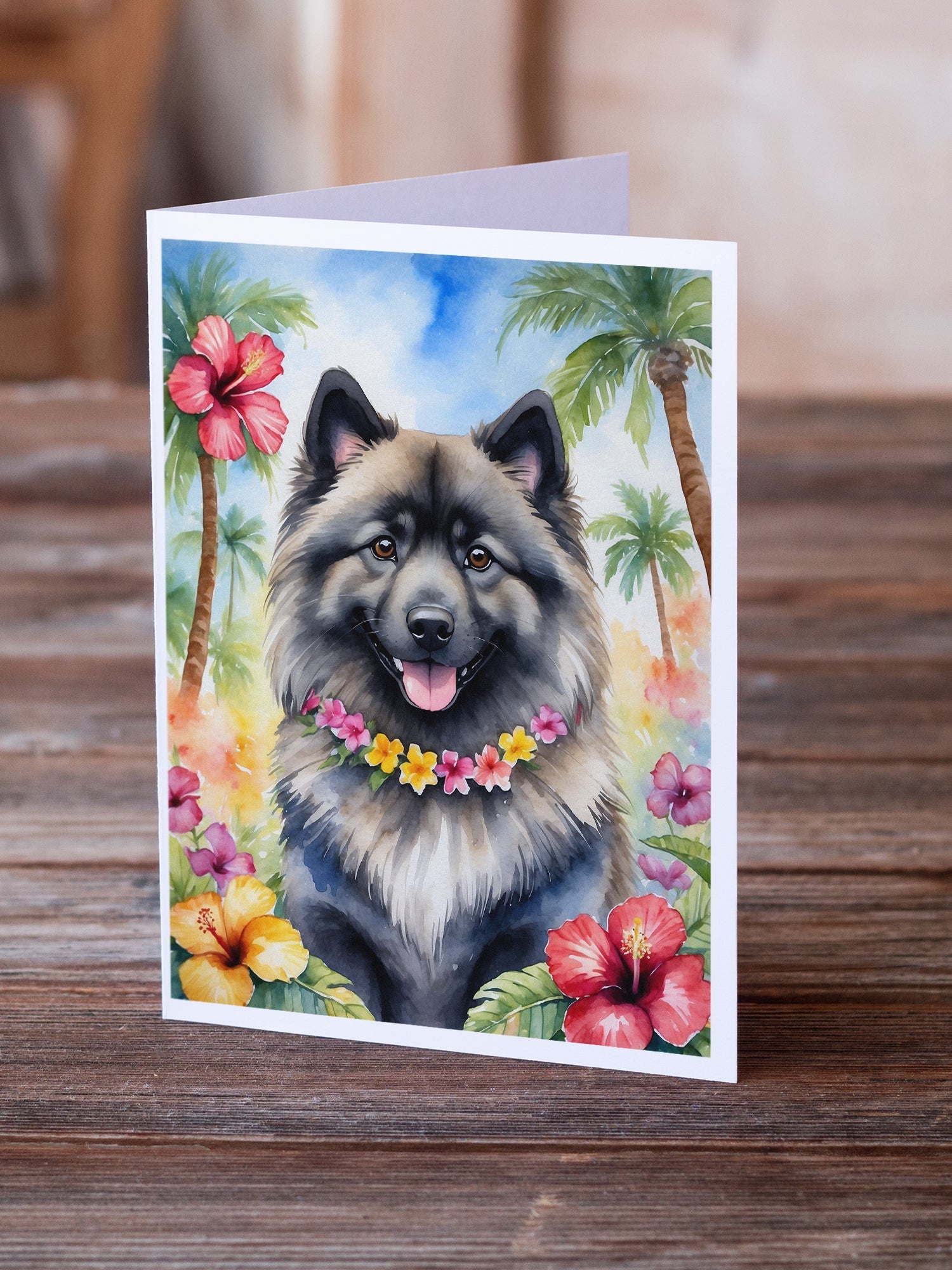 Keeshond Luau Greeting Cards Pack of 8 Blank Cards with Envelopes Whimsical A7 Size 5x7