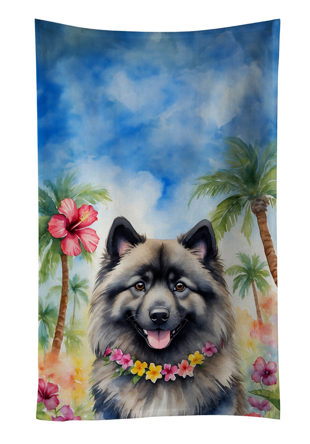Keeshond Luau Kitchen Towel Velour Plush Front and Cotton Loop Back Machine Washable