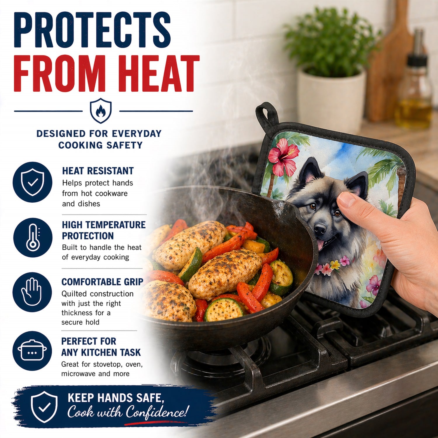 Keeshond Luau Pot Holder Set of 2 Heat Resistant Quilted Hot Pads 7.5 x 7.5 Inch, Insulated Kitchen Trivets for Cooking & Baking