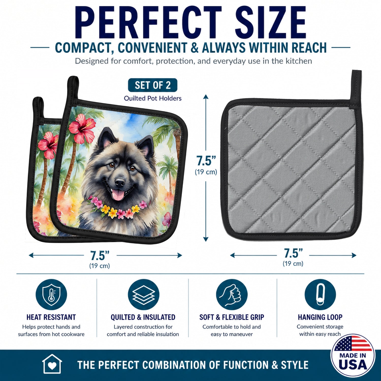 Keeshond Luau Pot Holder Set of 2 Heat Resistant Quilted Hot Pads 7.5 x 7.5 Inch, Insulated Kitchen Trivets for Cooking & Baking