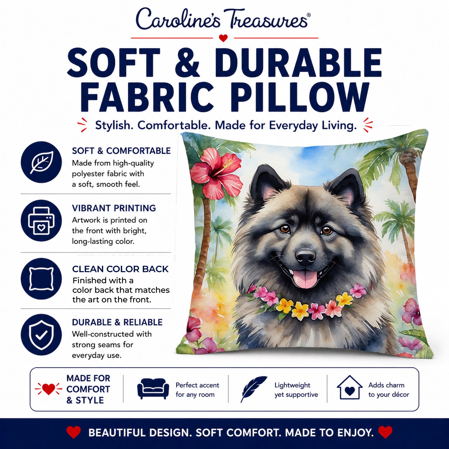 Keeshond Luau Decorative Throw Pillow 14x14 Indoor Outdoor Accent Cushion, Fabric Cover with Insert for Sofa, Bed, Porch & Living Room