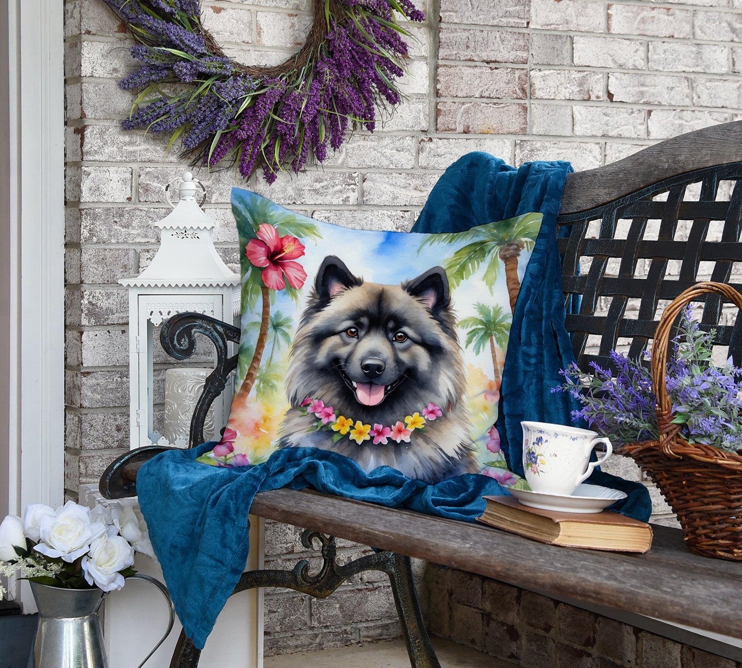 Keeshond Luau Decorative Throw Pillow 18x18 Indoor Outdoor Accent Cushion, Fabric Cover with Insert for Sofa, Bed, Porch & Living Room