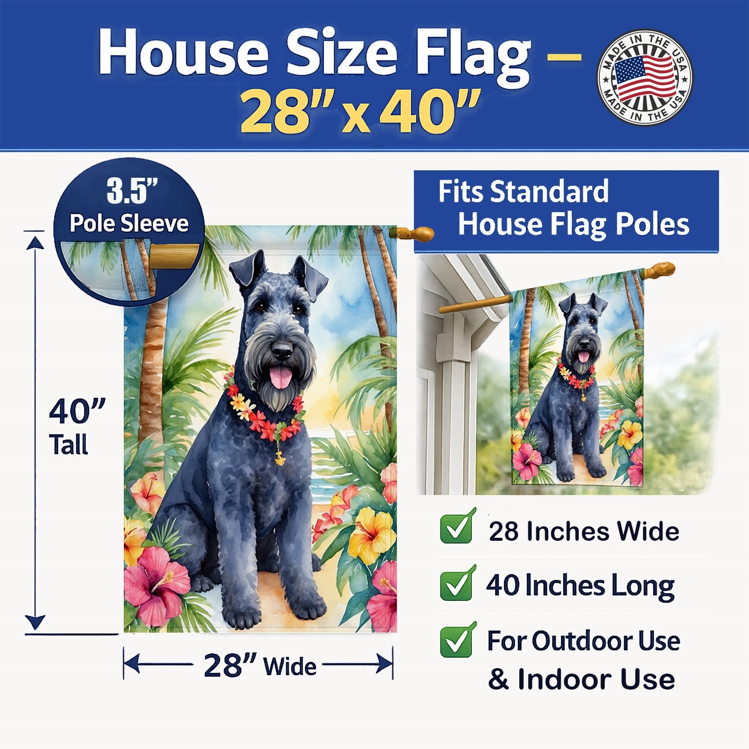 Kerry Blue Terrier Luau House Flag 28x40 Porch Sleeve Pole Decorative Outside Yard Banner Artwork Wall Hanging, Polyester