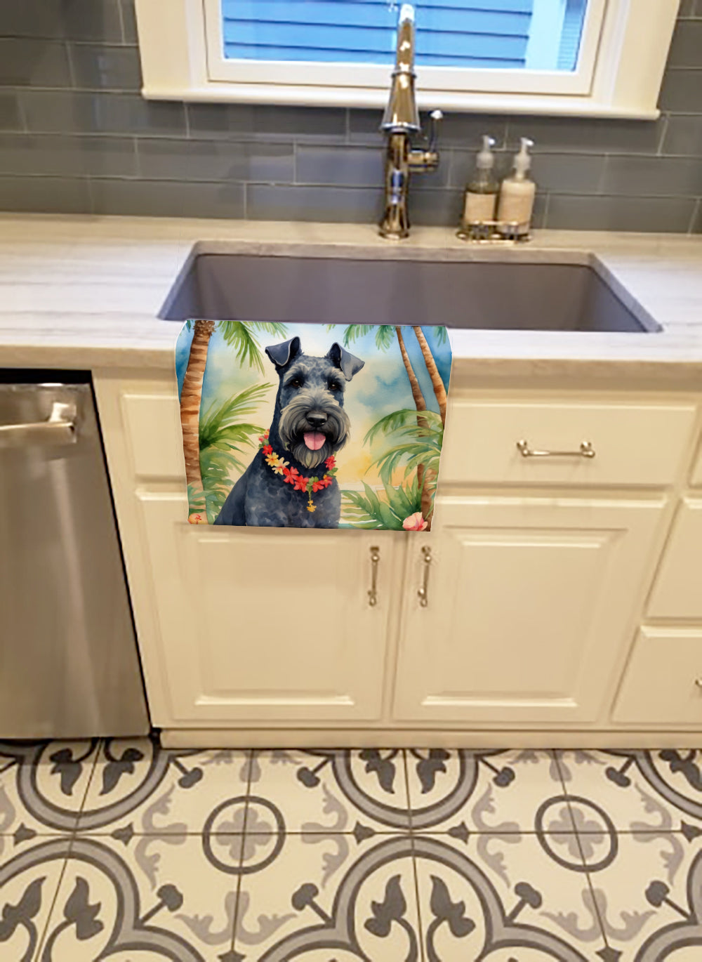 Kerry Blue Terrier Luau Kitchen Towel Velour Plush Front and Cotton Loop Back Machine Washable